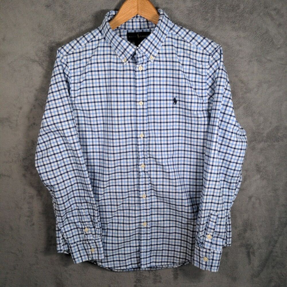 Ralph Lauren Button-Down Shirt 100% Cotton Boys XL (18-20) Blue Check